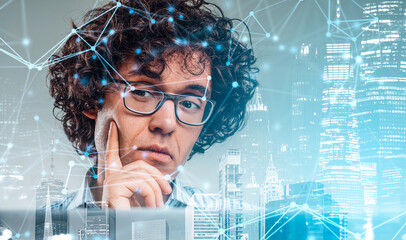 A pensive man with glasses in front of a digital network overlay and futuristic cityscape background, representing a concept of innovation and connectivity