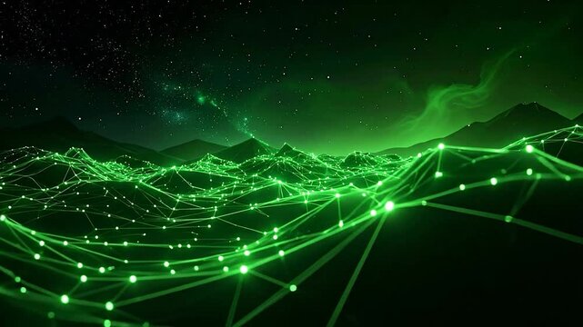 Futuristic landscape with glowing green lines forming a network over mountains under a starry sky