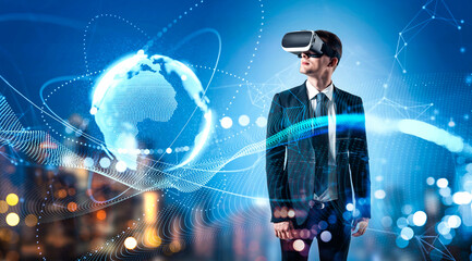 Man in suit wearing VR headset with digital globe and data flow around him, futuristic style, cityscape background, concept of global virtual interaction