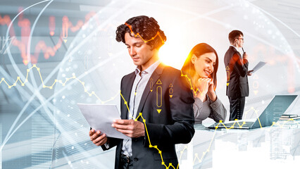 Group of business people reviewing documents, financial charts and graphs overlaid, futuristic digital style, in bright modern office, concept of finance