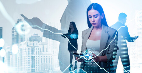 Business people working on digital devices with abstract data graphics, double exposure style, over city skyline background, symbolizing tech innovation concept