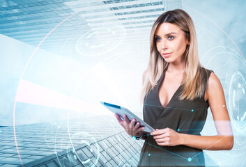 Woman holding tablet device in modern digital art style, futuristic interface elements overlaying urban cityscape background, concept of innovation and tech