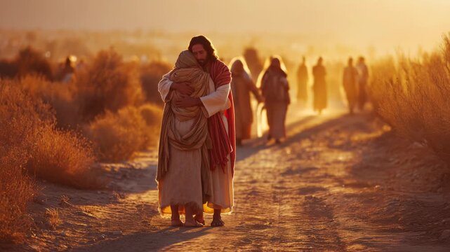 Jesus embraces a follower on a dusty path during sunset with a crowd in the background