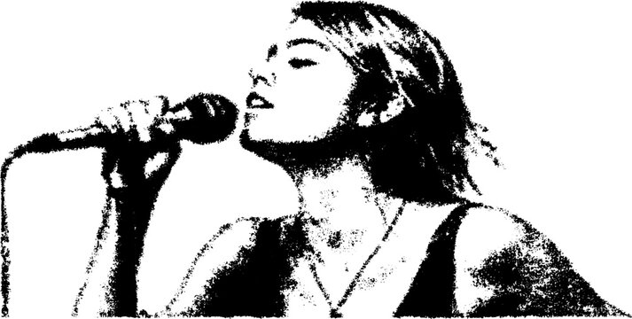 Punk girl singing into microphone in black and white xerographic halftone style