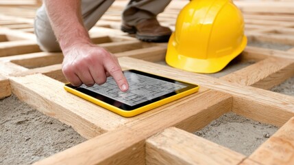 Man in hard hat using tablet worker in protective headwear operates digital device for tasks on site