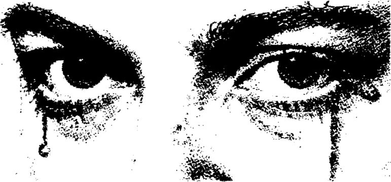 Black and white halftone illustration of eyes with dripping effect for graphic design