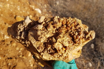 Rustic chalcedony formation on chert, a gritty mineral discovery clutched in hand. Its rugged texture and natural hues capture geological beauty