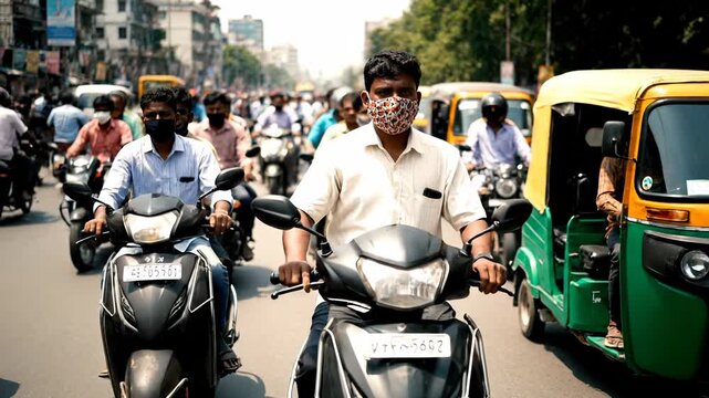 People ride scooters and auto rickshaws on a busy city street during the day. A documentary shot showing the congestion. Urban mobility, commute, transportation.