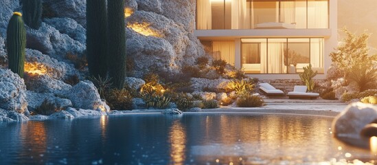Desert-style poolside view of modern home at dusk
