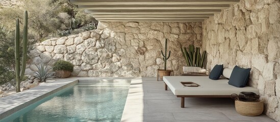 Outdoor poolside lounge with stone wall and desert plants