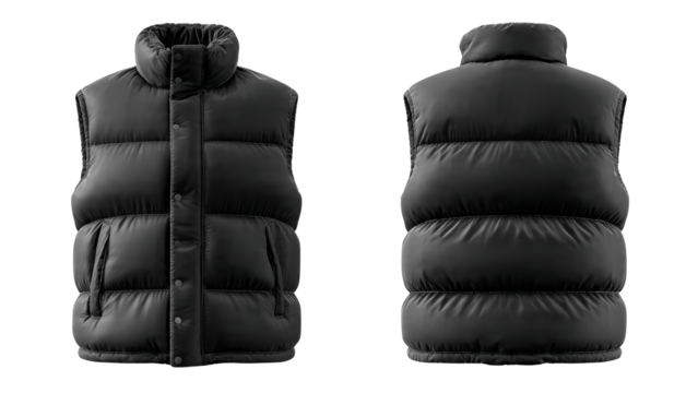 Front and back views of a black puffer vest with a high collar and snap closure transparent background