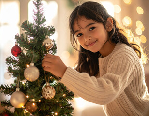 室内の柔らかな光に包まれながら、小さなクリスマスツリーを飾る女の子。家庭のあたたかさや冬の幸せな時間を感じさせる季節のイメージ。家族、ホリデー、笑顔、やさしい光の表現に。