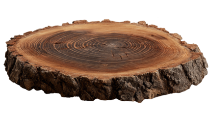 Detailed view of a natural wood slice showcasing growth rings and textured bark transparent background