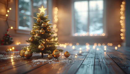温かな灯りに包まれた室内の小さなクリスマスツリー。ゴールドのオーナメントと木の質感が上品で、冬のインテリアやホリデー特集、ナチュラルな季節演出にぴったりな背景素材。