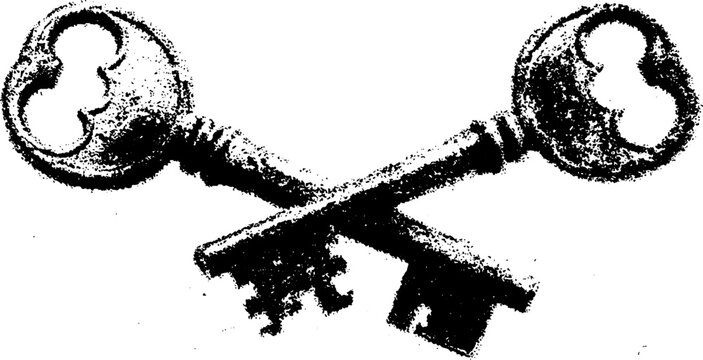 Vintage gothic crossed keys halftone design for grunge posters and prints