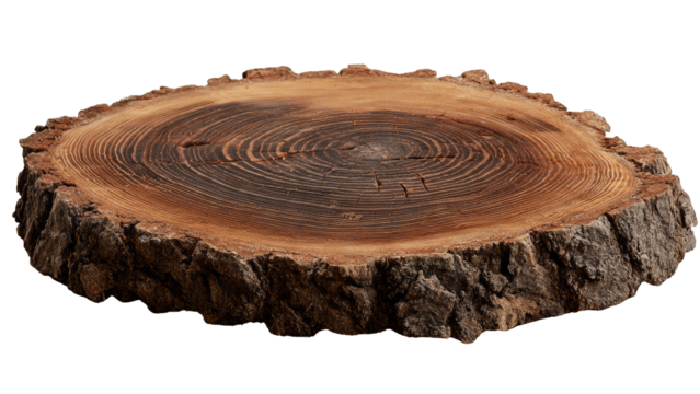 Detailed view of a natural wood slice showcasing growth rings and textured bark transparent background