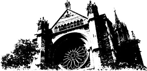 Obraz premium Vintage gothic cathedral black and white xerox halftone illustration for historical design