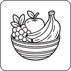 Healthy Fruit Coloring Page – Bowl with Bananas, Apples, and Grapes, Hand Drawn Food Line Art for Kids and Adult Coloring Pages.