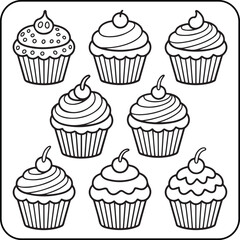 Cupcake Collection Coloring Page – Printable Vector Line Art of Bakery Desserts and Frosted Cupcakes, Cute Food Illustration for Kids and Adult Coloring Books