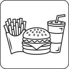 Fast Food Coloring Page – Juicy Burger with Fries and Drink, Hand Drawn Vector Line Art for Kids and Adult Printable Coloring Books. 