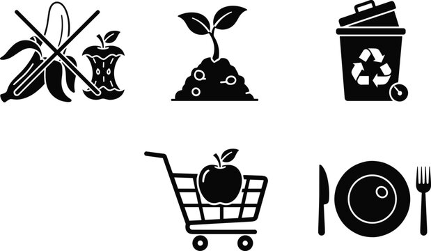 Food waste reduction icons set for recycling composting sustainability and shopping concepts vector