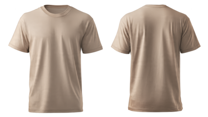 Two Tan Short Sleeved T Shirts Shown Front And Back On A Transparent Background Isolate