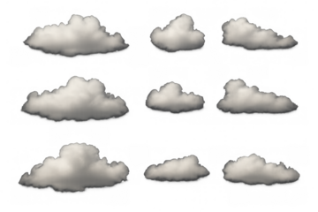 Realistic fluffy white clouds set on transparent background, a weather and sky design element collection