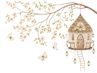 Fairy hanging house with flowers, balcony, lanterns and rope ladder on blossom branch. Watercolor composition of branches, butterflies and cute home for your design room, wallpapers, cards or mural.