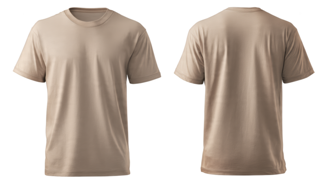 Two Tan Short Sleeved T Shirts Shown Front And Back On A Transparent Background Isolate