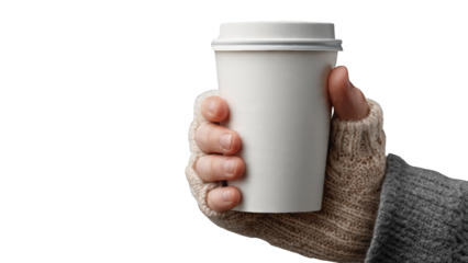 Person's hand in knitted sleeve holding a white coffee cup isolate beverage