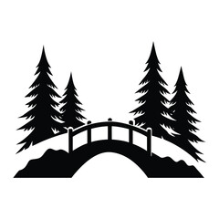 Covered Bridge Over Frozen River Winter Vector Silhouette