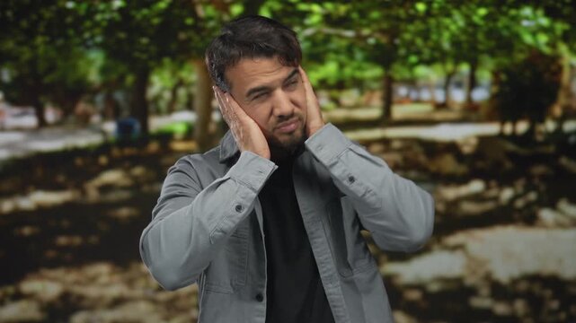 Young man with a concerned expression holds his hands to his ears in a sunny park, surrounded by lush green trees and a blurred natural background.