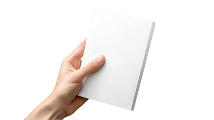 Close up of a person's hand holding a blank white booklet isolate page transparent background