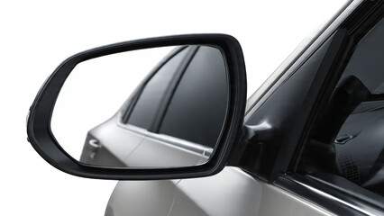 Obraz premium A car's side view mirror reflecting tinted windows and car interior isolate