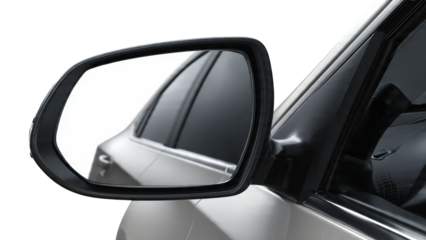 A car's side view mirror reflecting tinted windows and car interior isolate