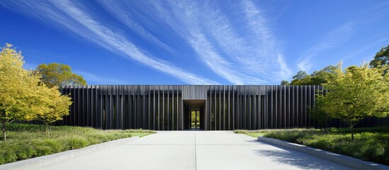 Modern home facade with landscaped grounds on a sunny day