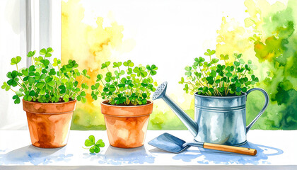 窓辺に置かれたクローバーの鉢植えとジョウロ。水彩タッチで描かれた爽やかなイラストで、ガーデニング、ナチュラルライフ、春の暮らしを感じる温かい雰囲気の構図。