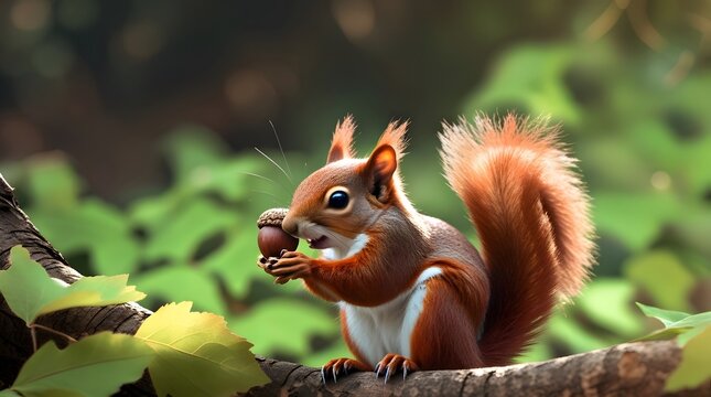 a vibrant red squirrel with a fluffy tail and bright brown eyes sits on a sturdy oak branch surrounded by lush green leaves, holding a large acorn in its tiny paws, and eats the nut with evident relis