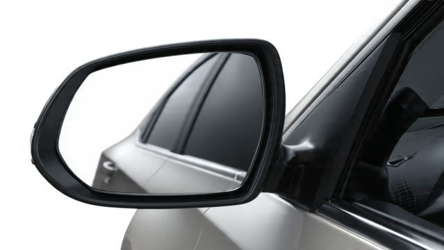 A car's side view mirror reflecting tinted windows and car interior isolate