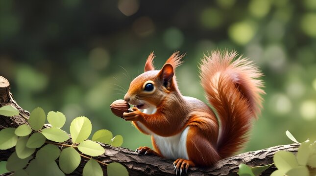 a vibrant red squirrel with a fluffy tail and bright brown eyes sits on a sturdy oak branch surrounded by lush green leaves, holding a large acorn in its tiny paws, and eats the nut with evident relis - Powered by Adobe