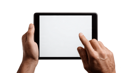 Male hands holding a tablet with a blank white screen one finger touching the screen isolate