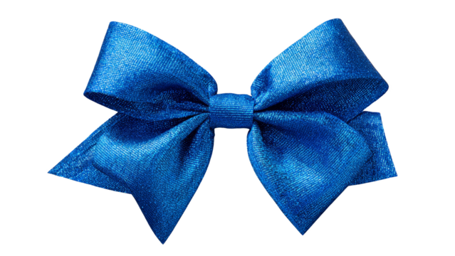A single blue satin bow with a textured shimmering finish isolated on black transparent background