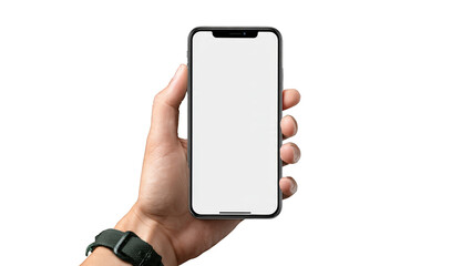 Close up of a human hand holding a modern smartphone with a blank white screen transparent background
