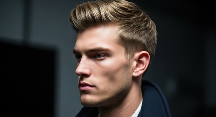 Caucasian young adult male with styled hair in dark jacket
