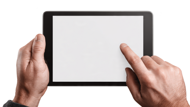 Two hands holding a tablet device with a blank white screen one finger touching the display transparent background