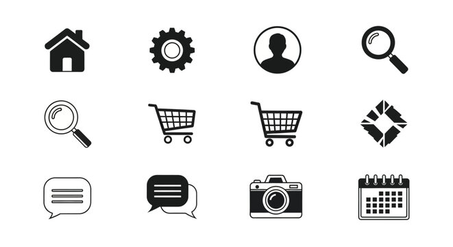 A versatile set of flat black and white icons for web design, representing user interface elements for e-commerce and communication