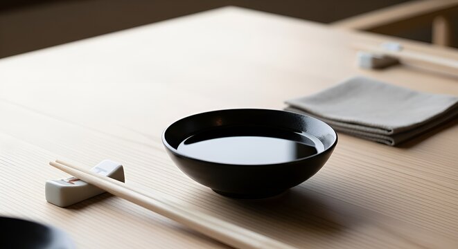 A minimalist dining setup with a black bowl, chopsticks, and napkin on a wood table, great for modern interior design, Asian-inspired themes, and clean aesthetic content.