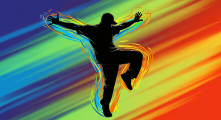 Vibrant digital art illustration featuring a dynamic dancer's silhouette, radiating expressive energy against a colorful, abstract spectrum background, symbolizing freedom and artistic movement