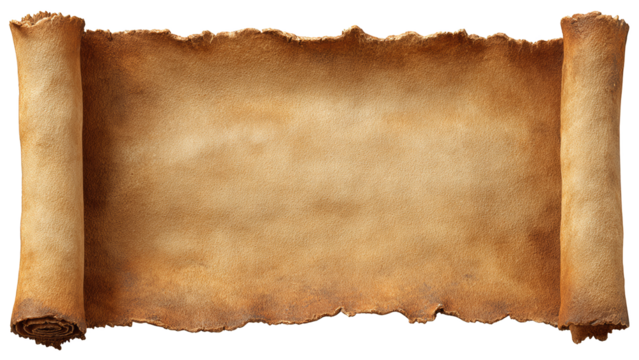 Aged unrolled parchment scroll with frayed edges rendered in natural brown tones transparent background
