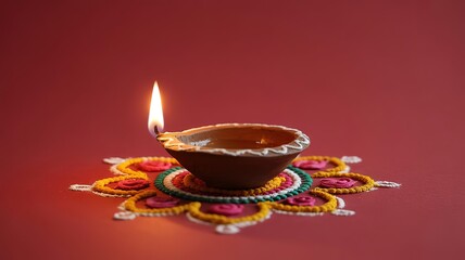 Traditional Diya Lamp on Red Background for Diwali Festival. made with generative Ai
